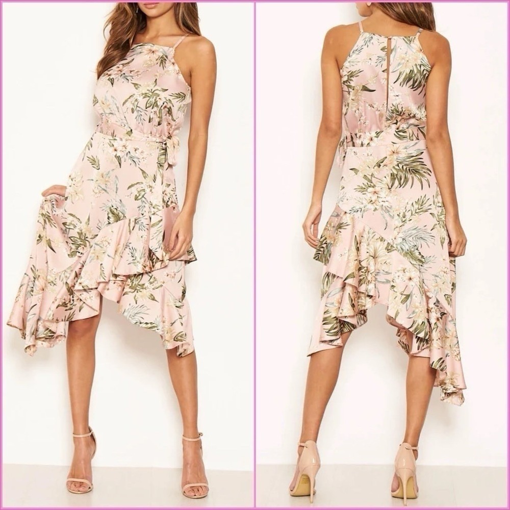 Armani Exchange AX Pink Floral Frill Open Back Dress Ruffle Asymmetric